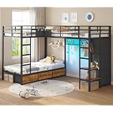 Triple Bunk Bed with 9 Storage Drawers and LED Lights, Twin Over Twin 3 Bed Bunk Beds for Kids with Shelves and Pegboard, Heavy-Duty Metal Bunk Bed with Full-Length Guardrail and Dual Ladders, Black