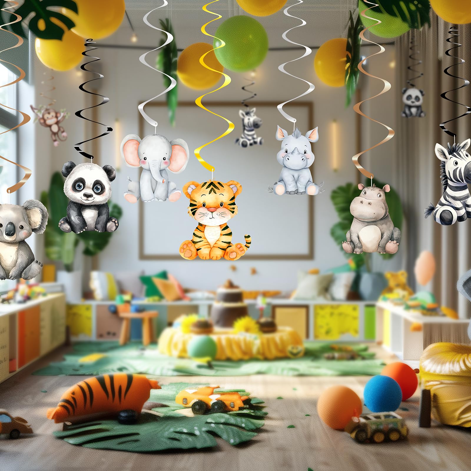 Photo 1 of 40 Pack Safari Hanging Decorations – Jungle Animal Birthday Decorations for Kids, Wild One Party Decor and Safari Hanging Swirls