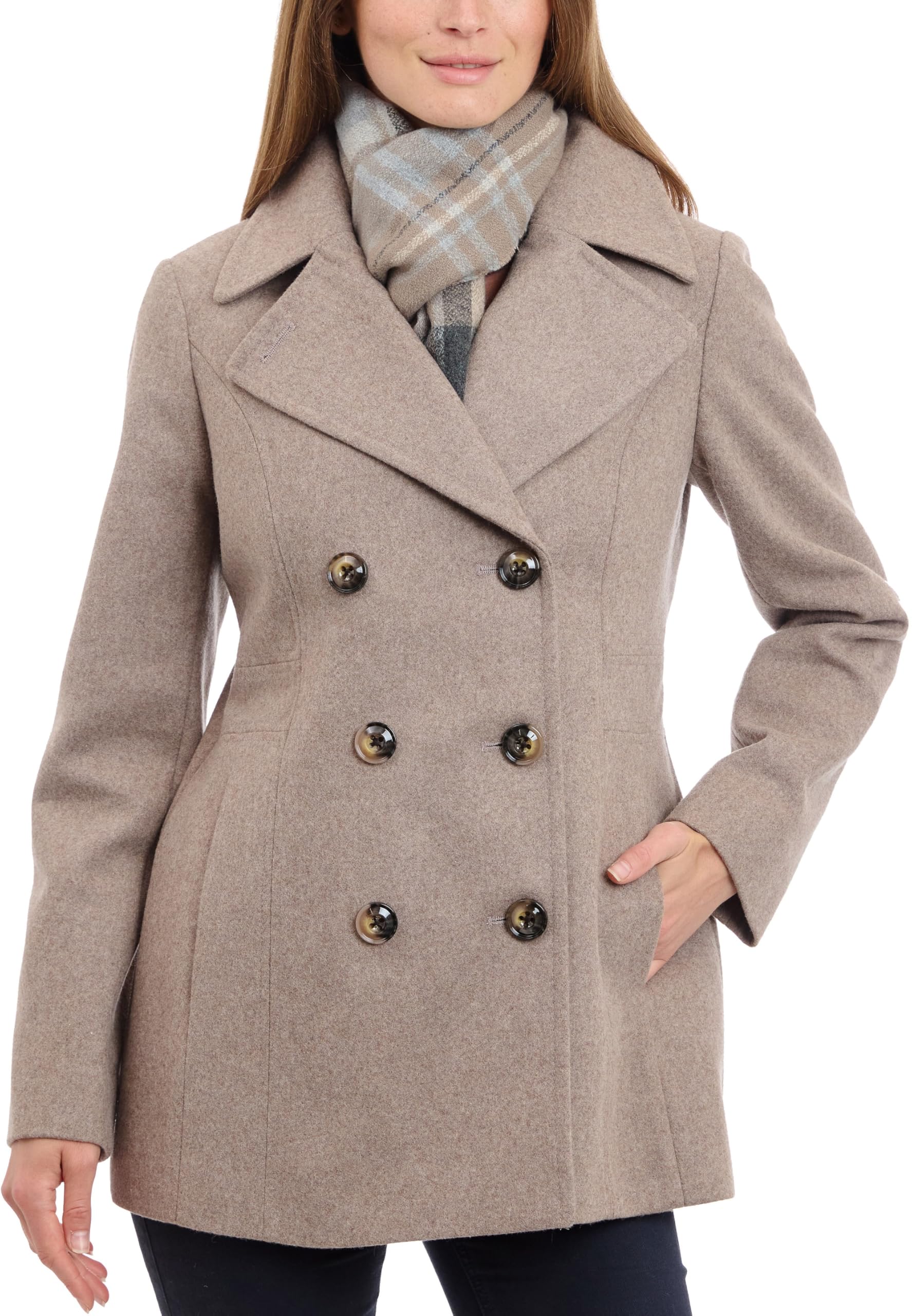 Photo 1 of London Fog Women's Double Breasted Peacoat with Scarf, Taupe Heather, Medium