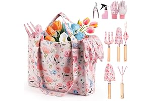 Grenebo Gardening Tools, 10-Piece Gardening Gift Set for Women, Rust-Proof & Heavy-Duty Tools with Floral Organizer Bag, Fashionable & Thoughtful Gift for Garden Women (Pink)
