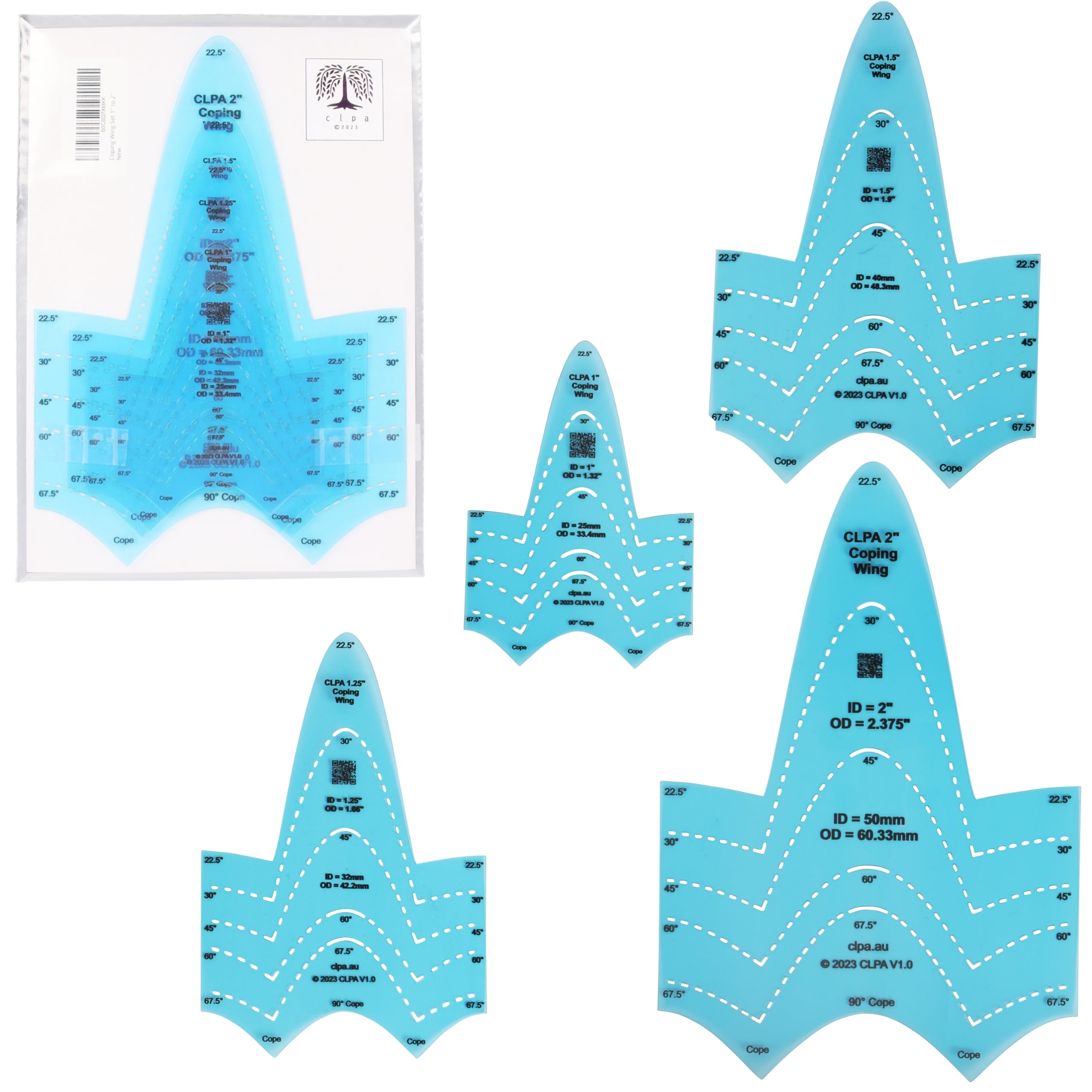 CLPA Coping Wing Set — 1", 1-1/4", 1-1/2" and 2" ID | 4 Wings | Pipe Saddle Template and Notcher | 22.5°–90° | Made in Australia — image 1