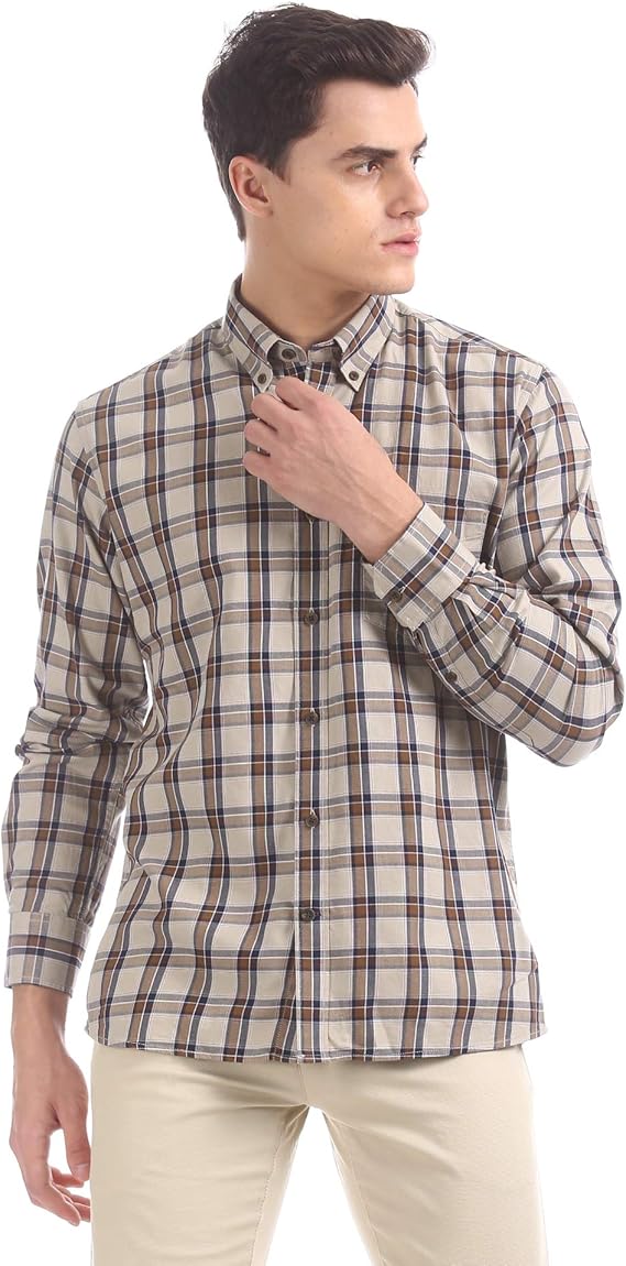 Buy Men Beige and Brown Button Down Collar Pure Cotton Check Casual