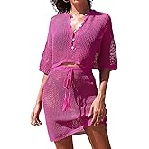 Pink Queen 2 Piece Crochet Swimsuit Cover Ups for Women Hollow Out Knitted Bathing Suit Coverup Beach Crop Top and Skirt Sets