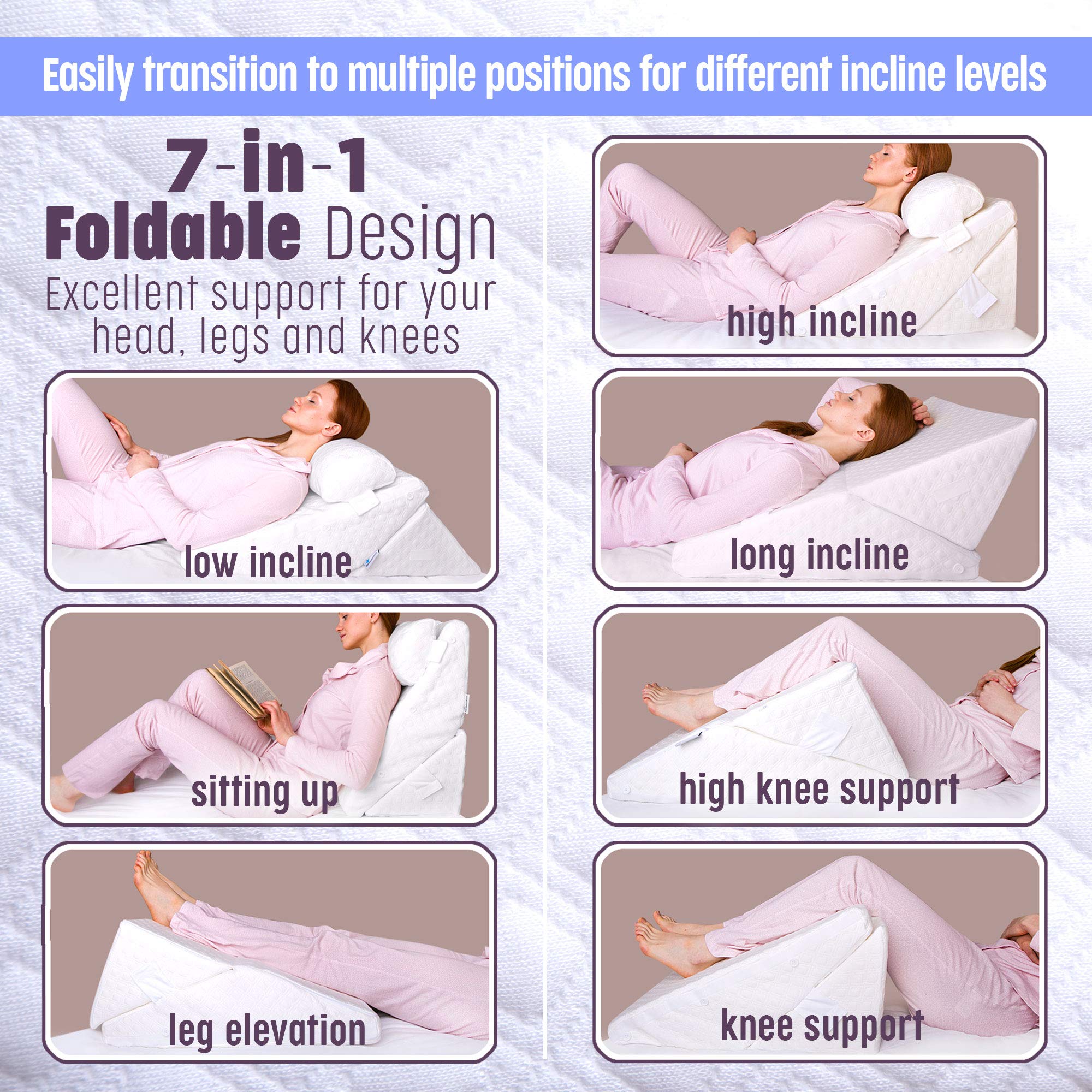 Bed Wedge Pillow for Sleeping – Adjustable Post-Surgery Comfort (7-in-1) – Memory Foam Incline, Leg Elevation, and Head Support – Large 24-Inch with Washable Cover