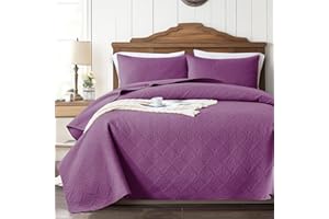 OARAGE Queen Quilt Bedding Set Lightweight Soft Purple Quilted Bedspread Full Size with Flower Checkered,Microfiber Bed Quilting Coverlet for All Season (1 Quilt, 2 Shams)