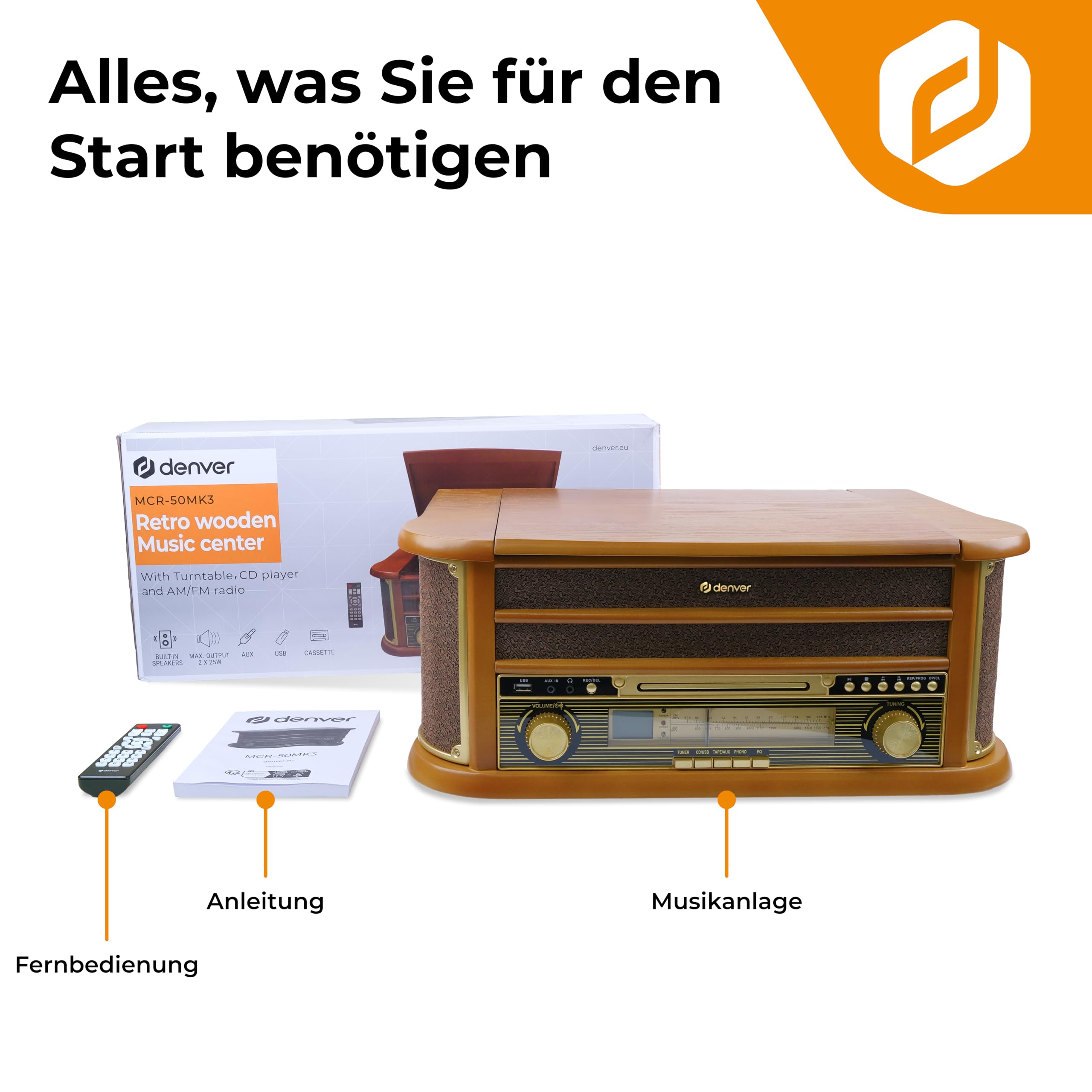Denver MCR-50 Retro Musikanlage mit Plattenspieler mit Lautsprecher, Braun - Schallplattenspieler mit USB, Kassette & CD Support 9