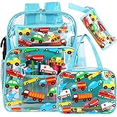 Kolewo4ever 3 Pieces Clear School Backpack Set Elementary Kindergarten Back to School Gift Trains, Planes, and Trucks Transparent Backpack with Lunch Bag and Pencil Pouch