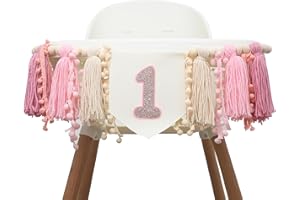 HGFC Girls 1st Birthday Tassels High Chair Banner - Pink Highchair Banner For Baby Shower - Boho 1st Birthday High Chair Banner For Girl - First Birthday Banner High Chair For Princess Theme - Rose Gold Highchair Banner For First Birthday
