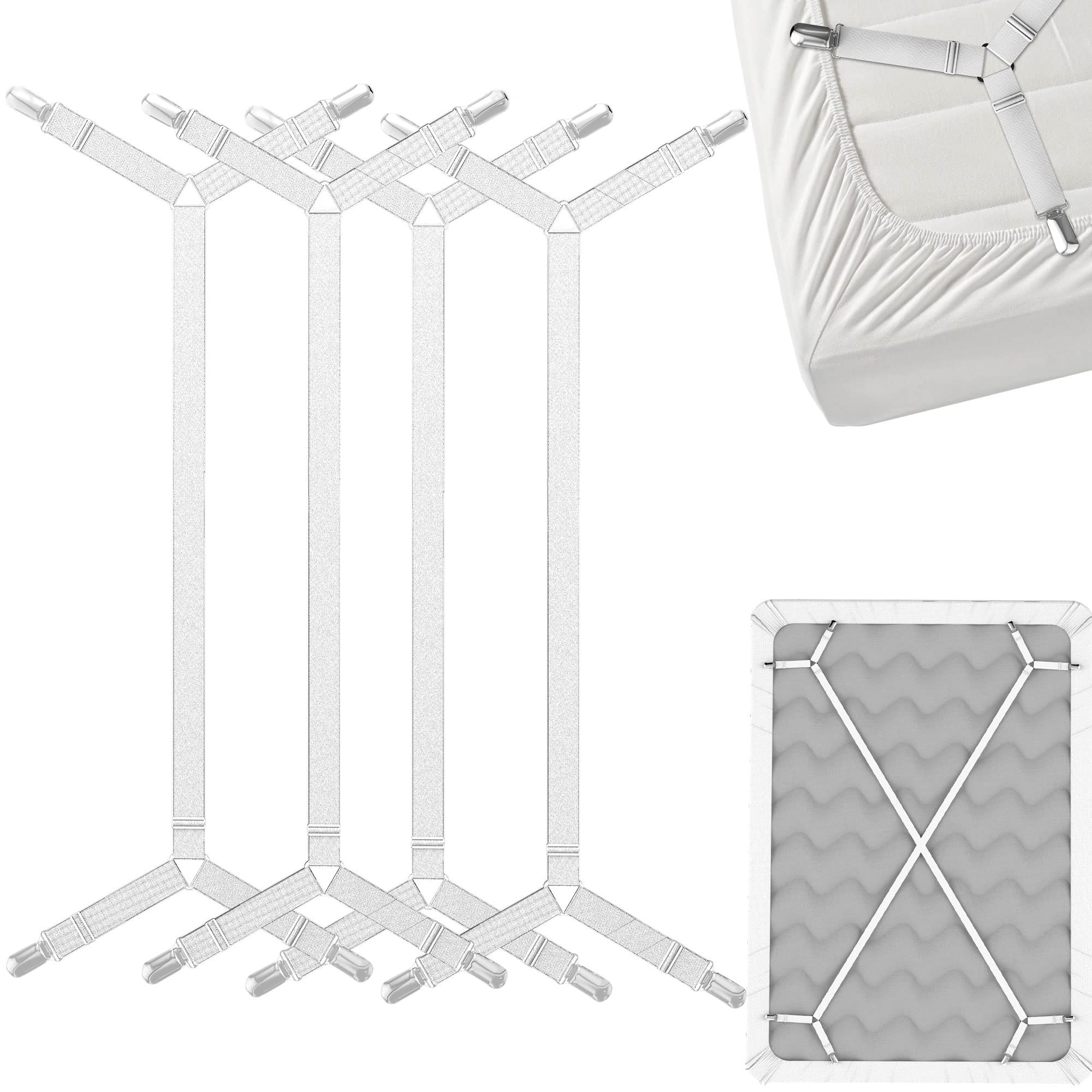 FeelAtHome Bed Sheet Holder Straps Criss-Cross - Sheets Stays Suspenders Keeping Fitted Or Flat Bedsheet in Place - for Twin Queen King Mattress Holders Elastic Clips Grippers Fasteners (4pcs, White)