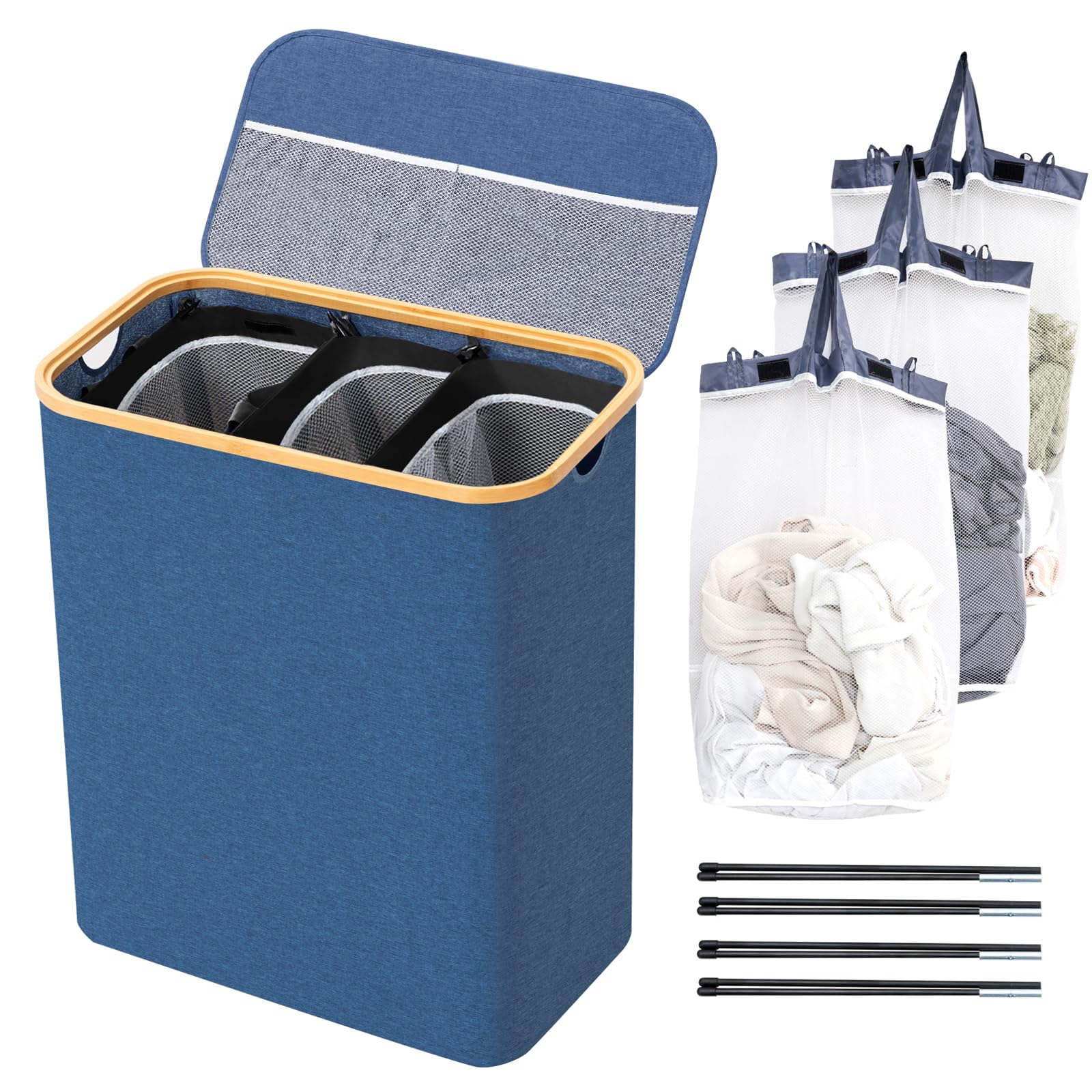 BRIAN & DANY Laundry Basket with Lid, Large Laundry Hamper 3 Compartments with Handles, Collapsible Washing Basket with 3 Removable Bags, Washing Bin for Dirty Clothes, 145L Blue