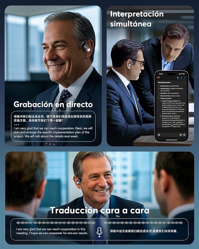 AI Auriculares Traductor en Tiempo Real con Pantalla LCD, Traductor Instantáneo de Voz en 198 Idiomas, Diseño Abierto, Bluetooth 6.1, 60H de batería, Ideales para Viajes, reuniones y Aprendizaje,Negro — foto 5 de 8