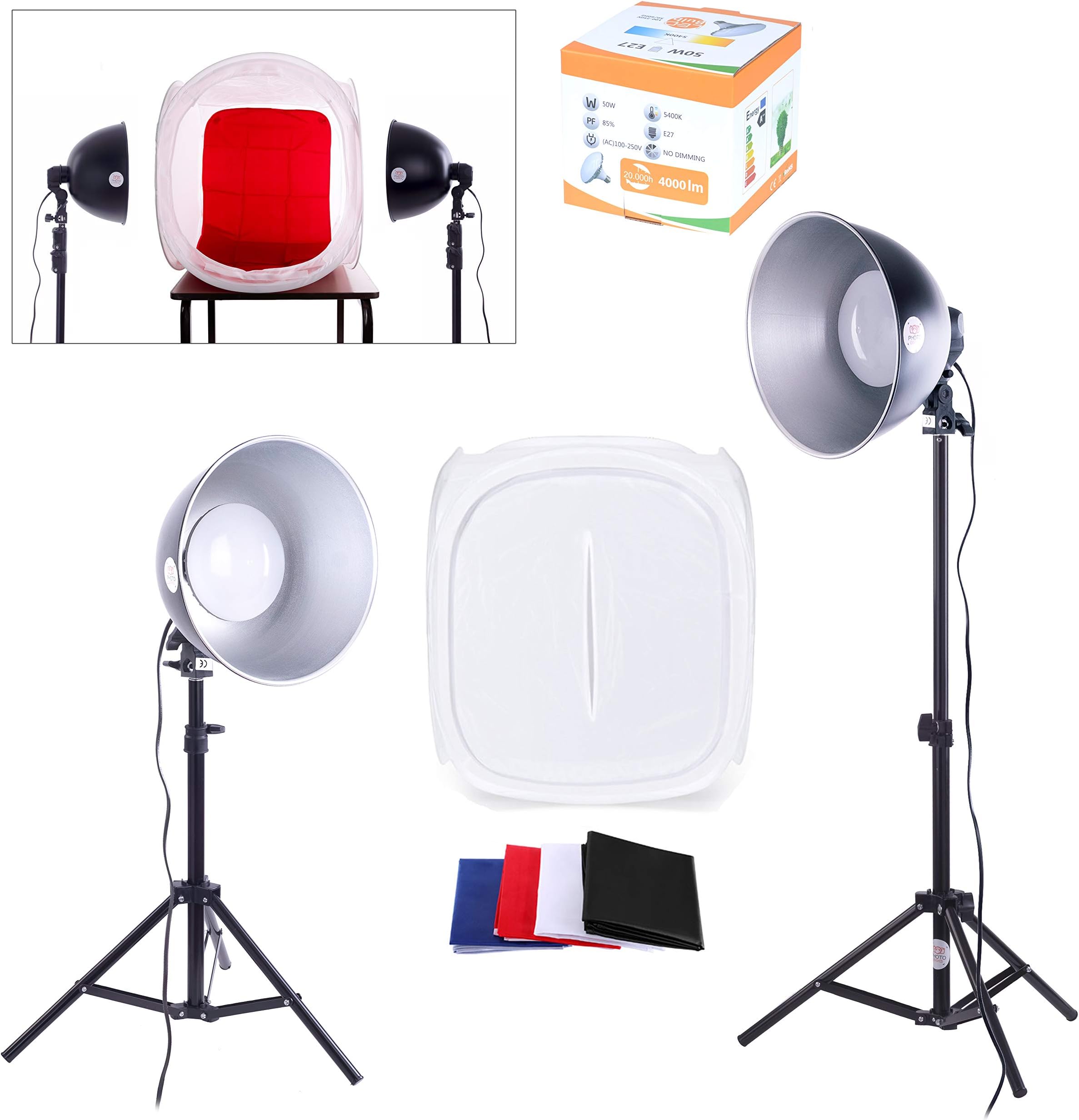 PhotoGeeks Photography Lighting Kit | 2 x 35w Daylight Bulbs | 60cm Light Tent