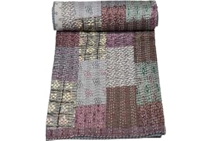 Marubhumi Indian Handmade Quilt Indian Silk Sari Kantha Quilted Patchwork (Silver, King (108"x 108"))