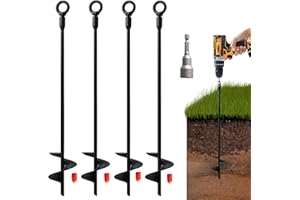 VASGOR 18” Ground Anchors (4pcs) Easy to Use with Drill, 30mm Diameter, Heavy Duty Anchor Hook for Camping Tent, Canopies, Car Ports, Sheds, Swing Sets, Securing Animals – Black Powder Coated