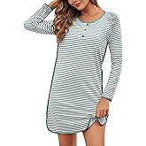 VibeVista Nightgowns for Women Soft Cotton Striped Sleepwear Sleep Shirts Long Sleeve Crew Neck House Dresses Night Gown
