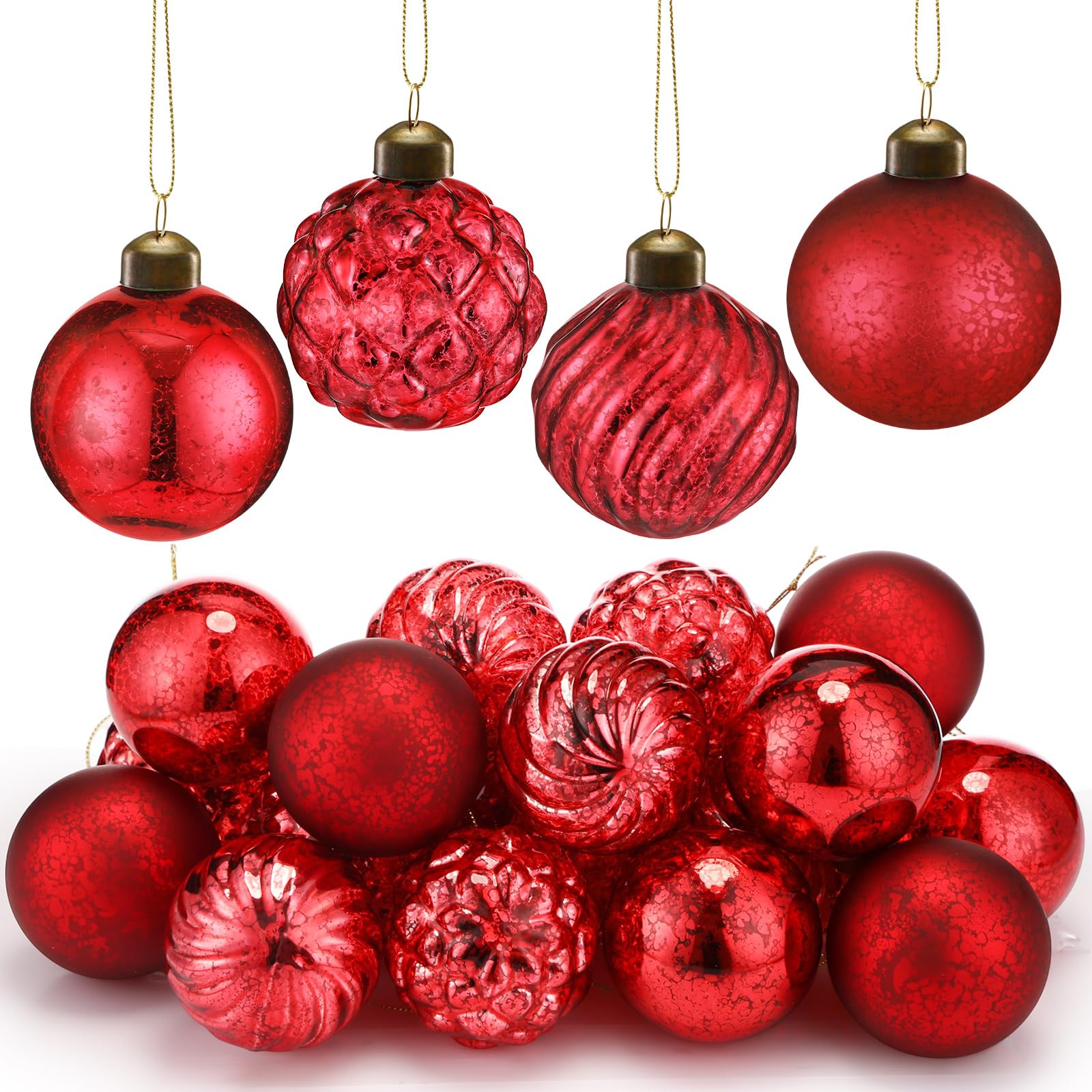 Photo 1 of Syhood 24 Pcs 2.36 Inch Mercury Glass Christmas Ornaments Antique Vintage Glass Ball Ornaments Hanging Rustic Xmas Balls for Christmas Tree Wreaths Garland Party Wedding Decoration(Ruby Red)