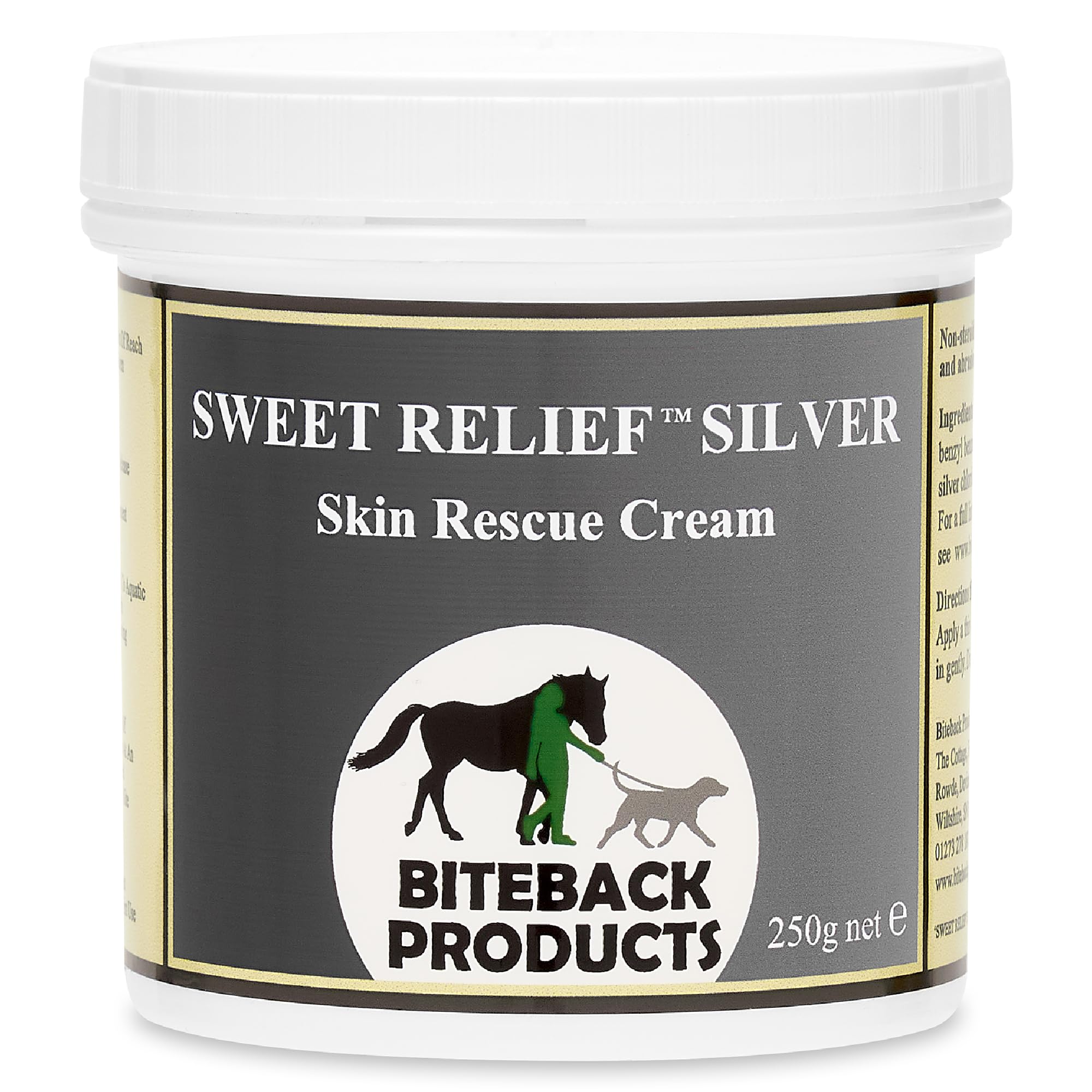 Biteback 'Sweet Relief Silver' Cream - Essential Cream for Horses & Dogs, Antiseptic for Minor Abrasions & Rubs, Ideal First Aid, Silver-Infused for Skin Care & Revival - 250g