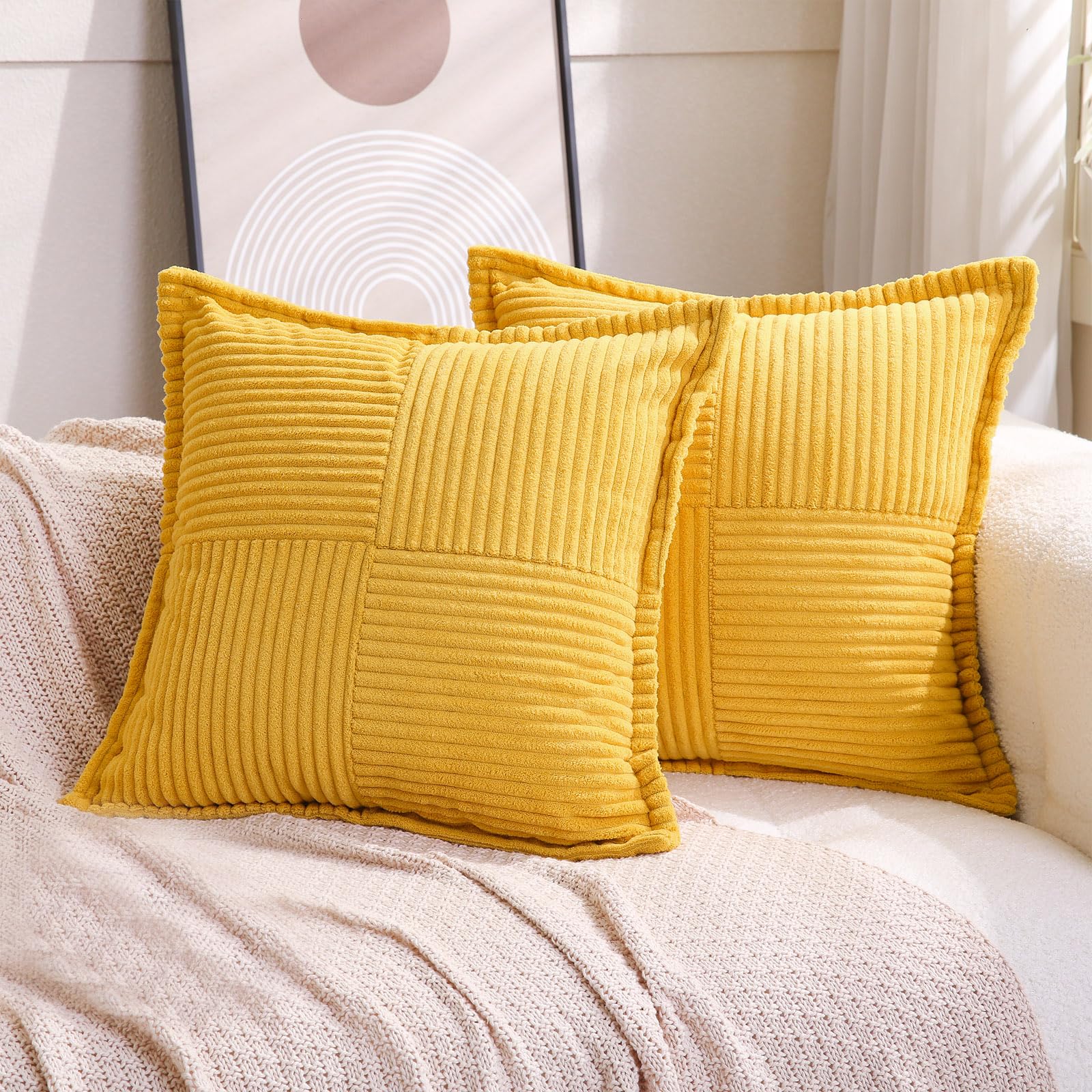 Photo 1 of Puncuntex Corduroy Yellow Throw Pillow Covers 18×18 Inches Set of 2 Boho Decorative,Super Soft Cozy Striped Cushion Covers for Couch,Sofa,Farmhouse,Living Room,45×45CM