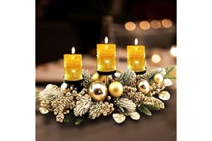YULETIME 28" Christmas Triple Candelabrum, Holiday Candle Holder with Three Trays, Gold Baubles, Golden Berries & Leaves, Snowy Flocked Pine Needles