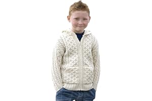Aran Crafts Kid's Irish Cable Knitted Hooded Zip Cardigan (100% Merino Wool)