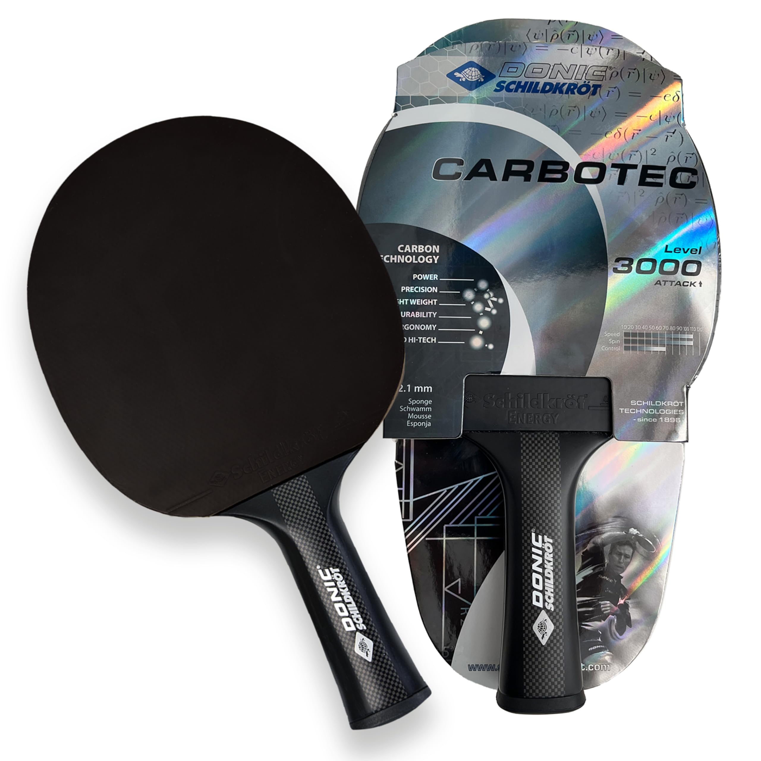 Donic-Schildkröt CarboTec 3000 Table Tennis Racket, 50% Carbon, 2,1 mm Sponge, Energy QRC Pad - ITTF, 758220