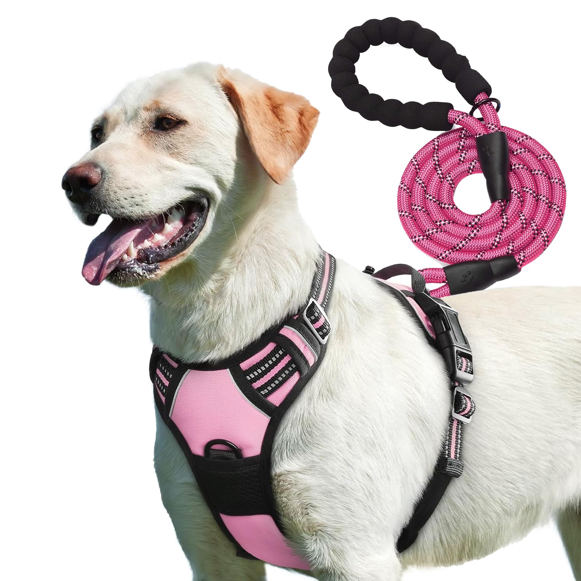 PetBuds Adjustable No Pull Dog Harness with Free 5ft Leash, Breathable and Durable for All Breeds (Pink, Large)