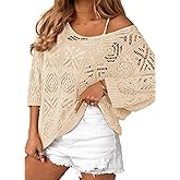 Zeagoo Women's Summer Crochet Off The Shoulder Hollow Out Knit Tops 2025 V Neck 3/4 Sleeve Sweater Top