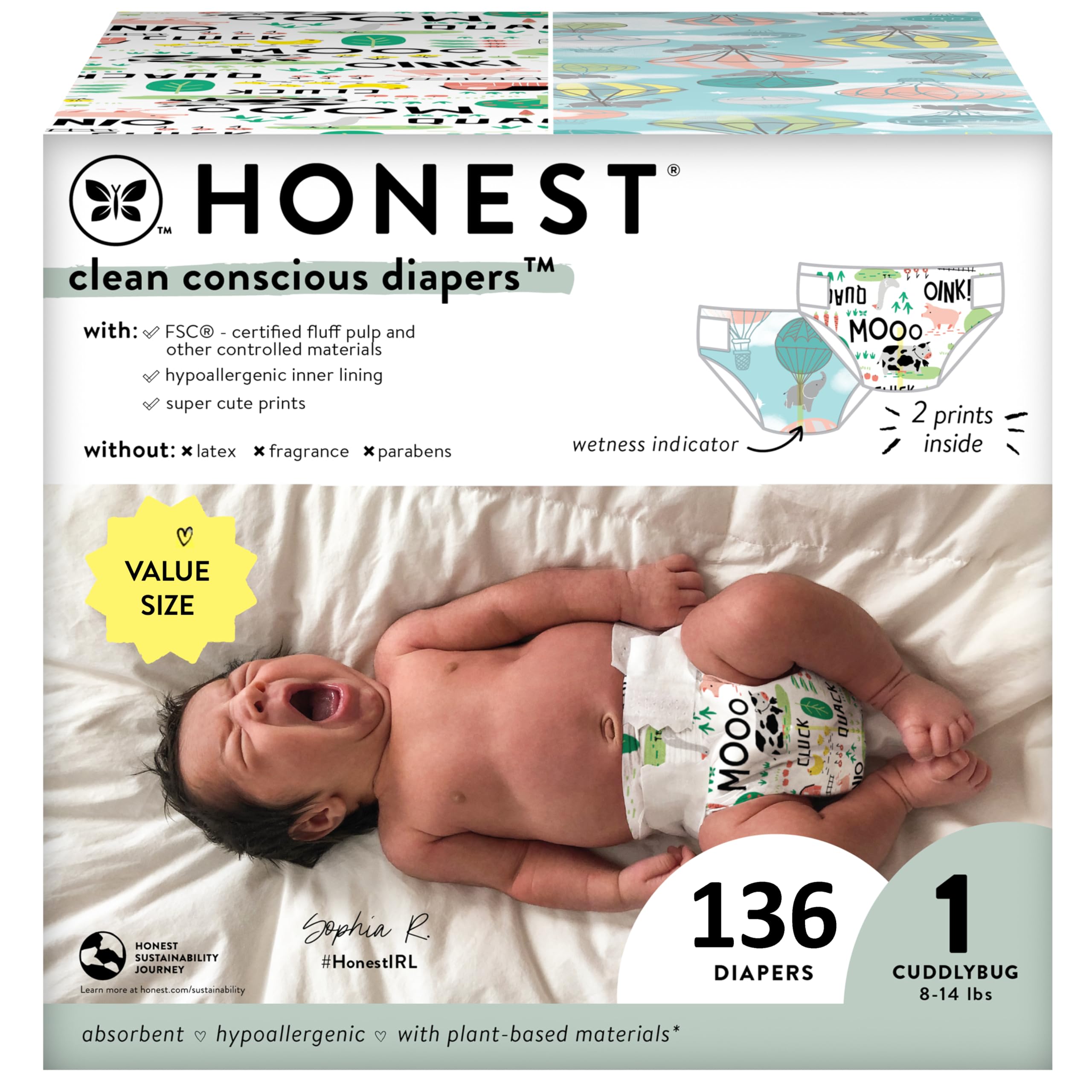 Photo 1 of The Honest Company Clean Conscious Diapers | Plant-Based, Sustainable | Above It All + Barnyard Babies | Super Club Box, Size 1 (8-14 lbs), 136 Count