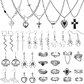 NoctisNest 30 Pcs Gothic Jewelry Set for Women, Grunge Vintage Punk Accessories with 6 Necklace 20 Earrings 14 Stackable Knuckle Rings, Boho Y2k Goth Jewelry for Women Men Halloween