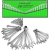 SWANLAKE GARDEN TOOLS 26-Piece Combination Wrench Set with Roll-up Pouch, SAE 1/4” - 1”, Metric 8mm - 24mm, Perfect for General Household, Garage, Auto Repairs and Travel Emergency