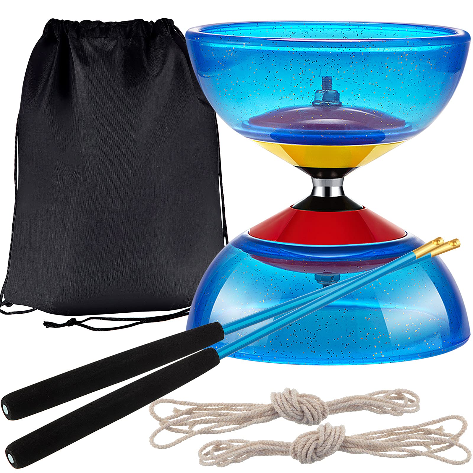 Photo 1 of 6 Pieces Chinese Diabolo Toy Set Includes 5 Inches Five Bearings Diabolo Blue Ball Toys with 2 Alloy Sticks 2 Ropes Drawstring Bag for Fun