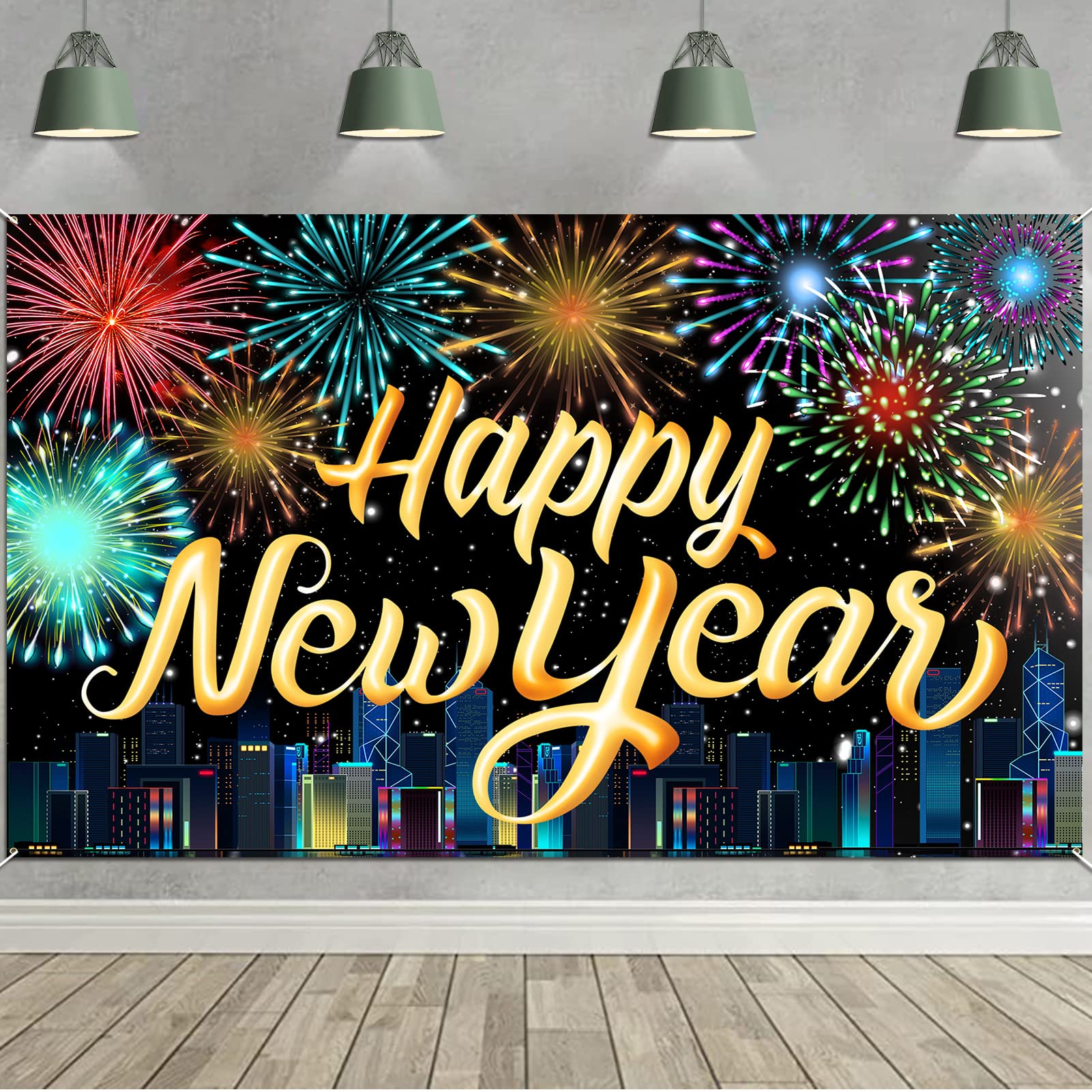 HOWAF New Years Eve Decorations 2026 Banner, Large Happy New Year Banner Backdrop Wall Fabric Background Photo Booth Props for NYE Party Decorations 2026, 185 x 110 cm, Multicolor
