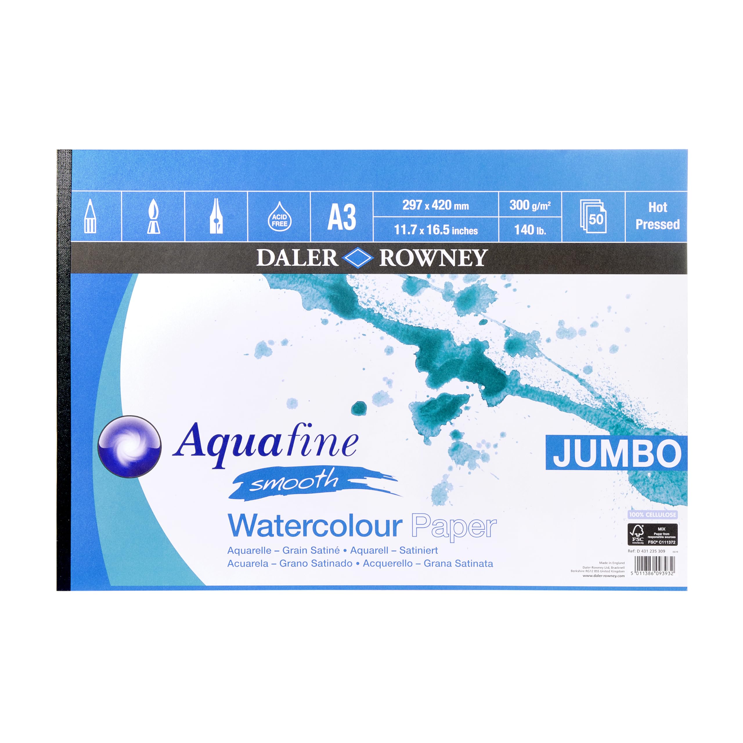 Daler-Rowney Aquafine Smooth Hot-Pressed Watercolour & Gouache 300gsm A3 Paper Pad, Natural White, 50 Sheets, Ideal for Professional & Beginner Artists, Acid-Free