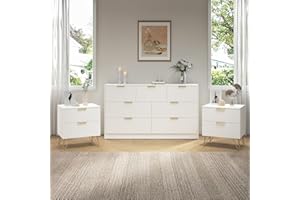 NOVAMAISON 7 Drawer Dresser & Nightstand Set, Night Stand Set of 2 & 55” Long Dresser for Bedroom with Golden Handle, 3PCS Bedroom Furniture Set, Fluted Wood Chest of Drawer Storage Cabinet Set, White