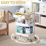 KINGRACK 3 Tier Storage Trolley on Wheels White with Wooden Top view 7
