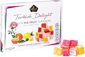 ÇEREZ PAZARI Cerez Pazari Turkish Delight with Rose, Orange and Lemon Mix Flavours 8.1 Oz Gourmet Small Size Snacks Gift Box, No Nuts Sweet Traditional Confectionery Vegan Candy Dessert Lokum Loukoumi Approx.32Pcs
