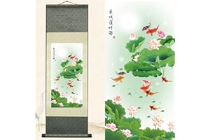 Newscz Asian Wall Art for Living Room Oriental Chinoiserie Decor Vertical Mural Silk Scroll Art Poster Koi - Fish Playing Among Lotus Leaves Rising Ready to Hanger Wall Scroll 36 by 12 in