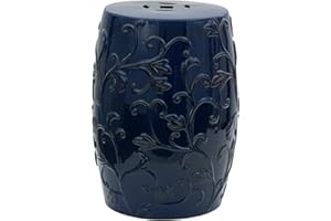 Red Lantern Dark Blue Carved Flowers Porcelain Garden Stool Seating, 18" high