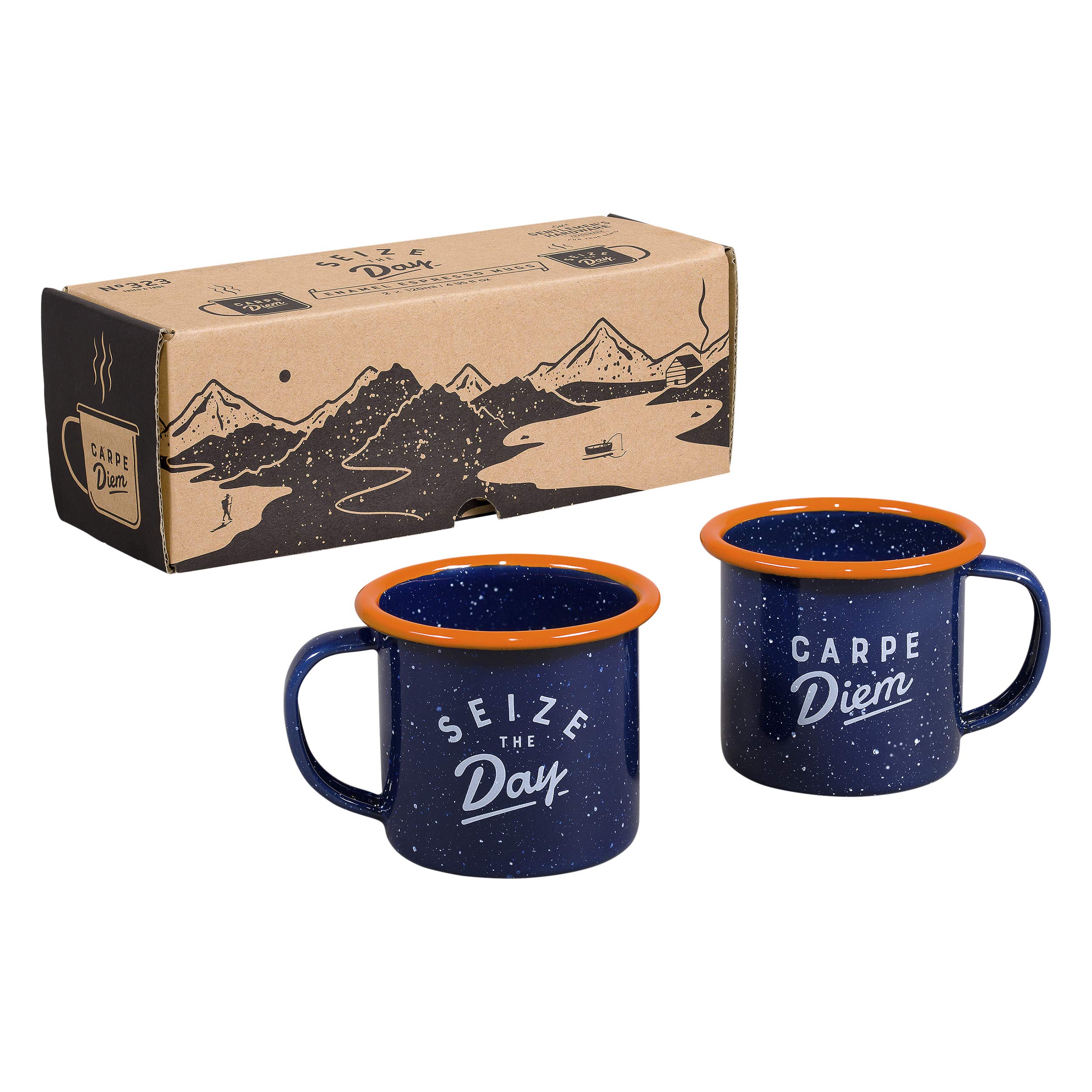Gentlemen's Hardware Set of Two Enamel Espresso Mugs, Product Size: 52 x 88 x 70mm, Colour: Navy/Orange, Reads ‘Seize The Day’ and ‘Carpe Diem’, GEN323.