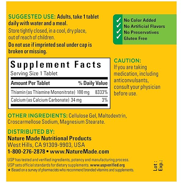 NATURE MADE VITAMIN B1 100 MG, DIETARY SUPPLEMENT FOR ENERGY METABOLISM SUPPORT, 100 TABLETS, 100 DAY SUPPLY