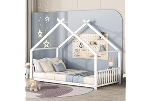 HANLIVES Twin House Bed for Kids, Floor Bed Frame Twin with Headboard and Footboard, Metal Twin Kids Bed Floor Bed for Kids, Girls, Boys(White)