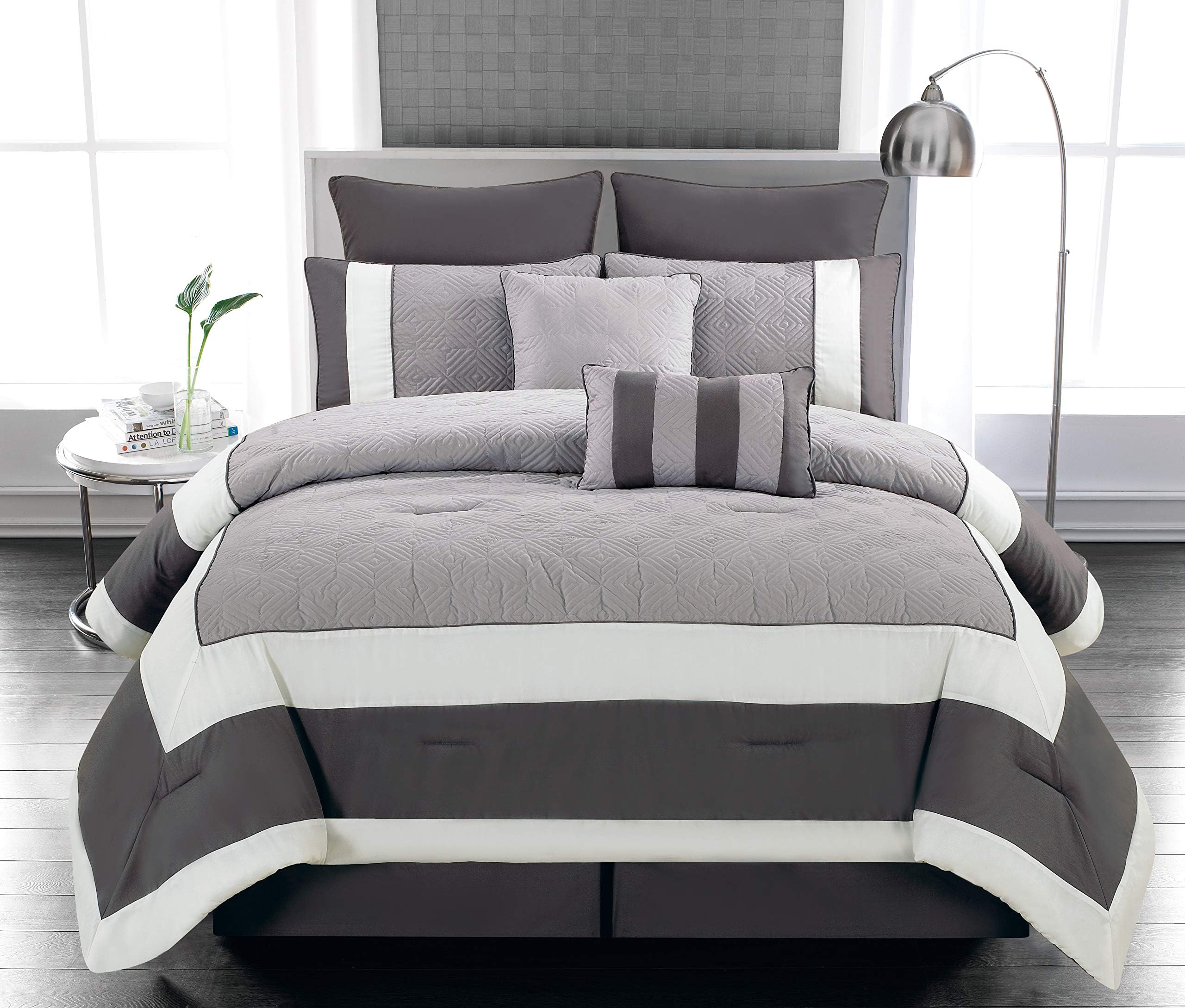Duck River Textile Spain Hotel Quality Luxury Comforter Duvet Insert Cover 100% Ultra Soft Hypoallergenic | 8 Piece Set | Color Block Collection, | | King Size | |, Sandstone & Smoke