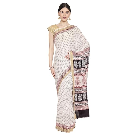 Womens Cotton Bagh Block Print Handcrafted Maheshwari Saree ZIBASA0091 (Off-White and Black)