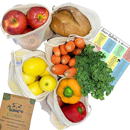 EcoYou Wiederverwendbare Obst- & Gemüsebeutel aus Bio Baumwolle 5er Set Inkl. Brotbeutel & SAISONKALENDER - Nachhaltige Einka