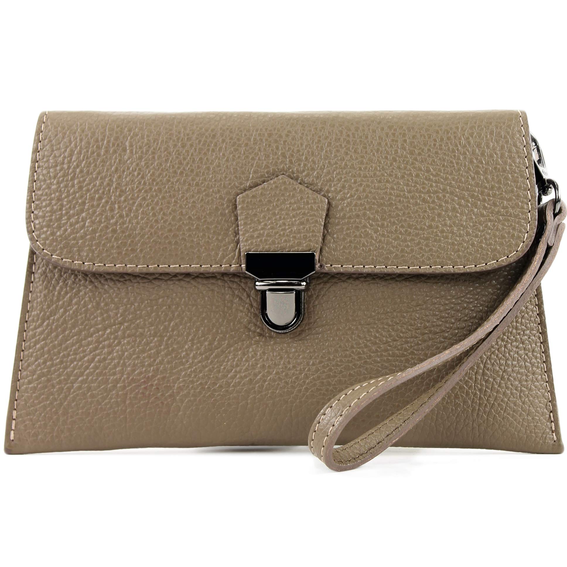 modamoda de - T190 - Italian Leather Clutch/Wristlet Bag with Chain, Colour:Taupe