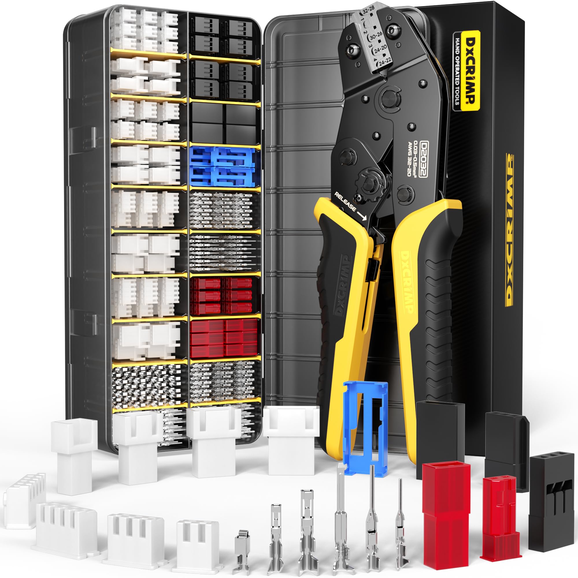 DxCRIMP Crimp Tool Connector Kit, with 20 Types JST-SYP + JST-XH + RC Servos Connectors Set, with 32-20 AWG Crimping Tool Compatible JST, SYP, KF2510, AMP, Molex, Futaba, Dupont for Hitec Spektrum RC