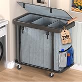 Laundry Hamper 3 Section with Lid,230L Rolling Dirty Clothes Hamper Grey | Laundry Basket with Wheels,Laundry Organizer Storage Cart with Sturdy Metal Frame and Wooden Handle for Laundry Room, Hotel