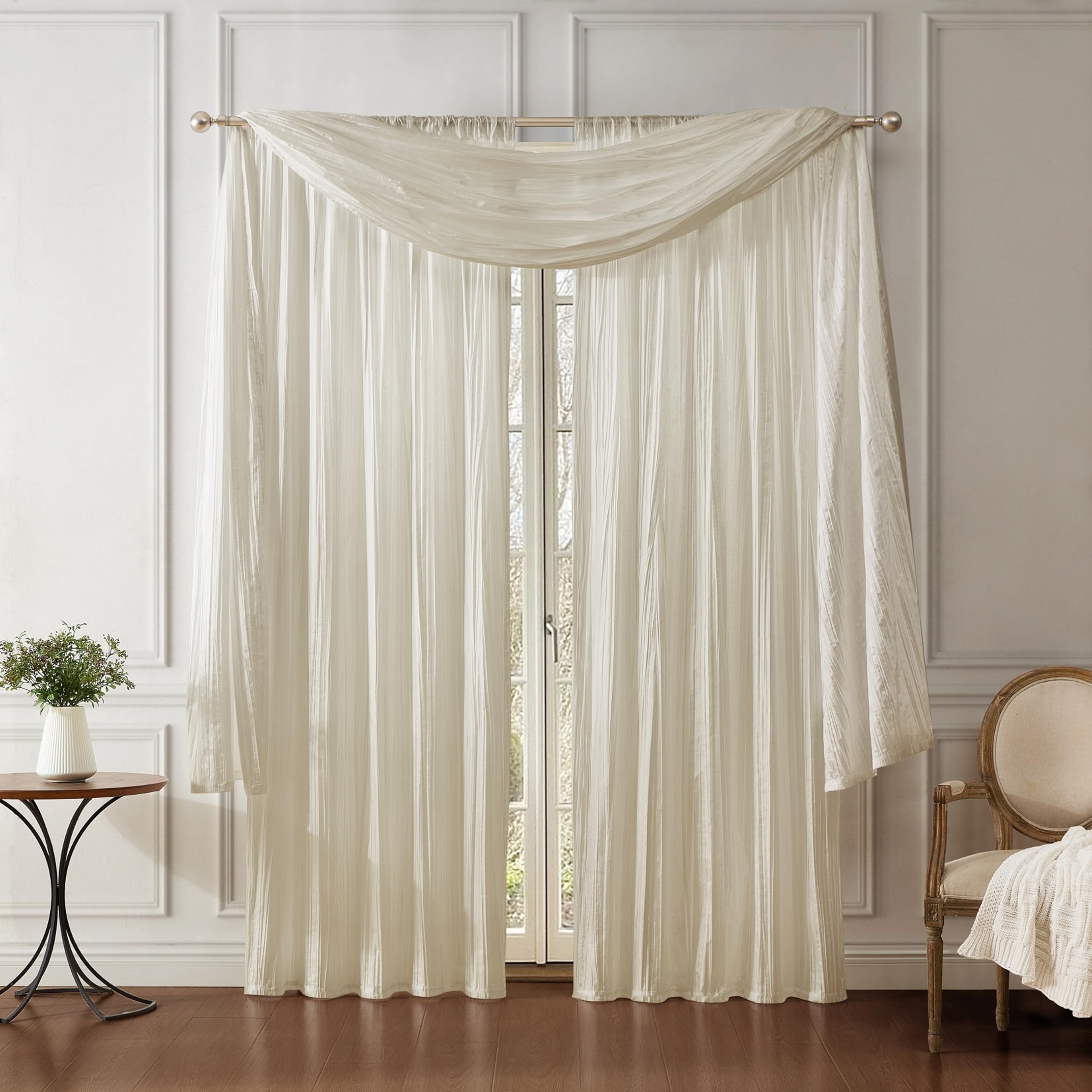 Elrene Home Fashions Athena Faux Crushed-Silk Window Curtain Panel and Valance Set, 52"x108" (2 Panels) & 1 Valance, Ivory