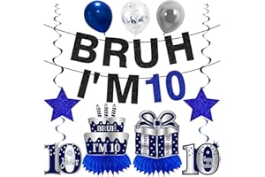 Kuxriox 11Pcs 10th Birthday Decorations for Boys Men, Blue Sliver Happy 10th Birthday Banner, Bruh I'm 10 Balloons Centerpieces Swirls Party Supplies, 10 Years Bday Banner Ceiling Table Topper Sign