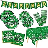 Graduation Decorations 2025 Disposable Green Graduation Tableware Kit for 25 Guests Plates Napkins Cups Tablecloth Hanging Graduation Party Decorations 2025
